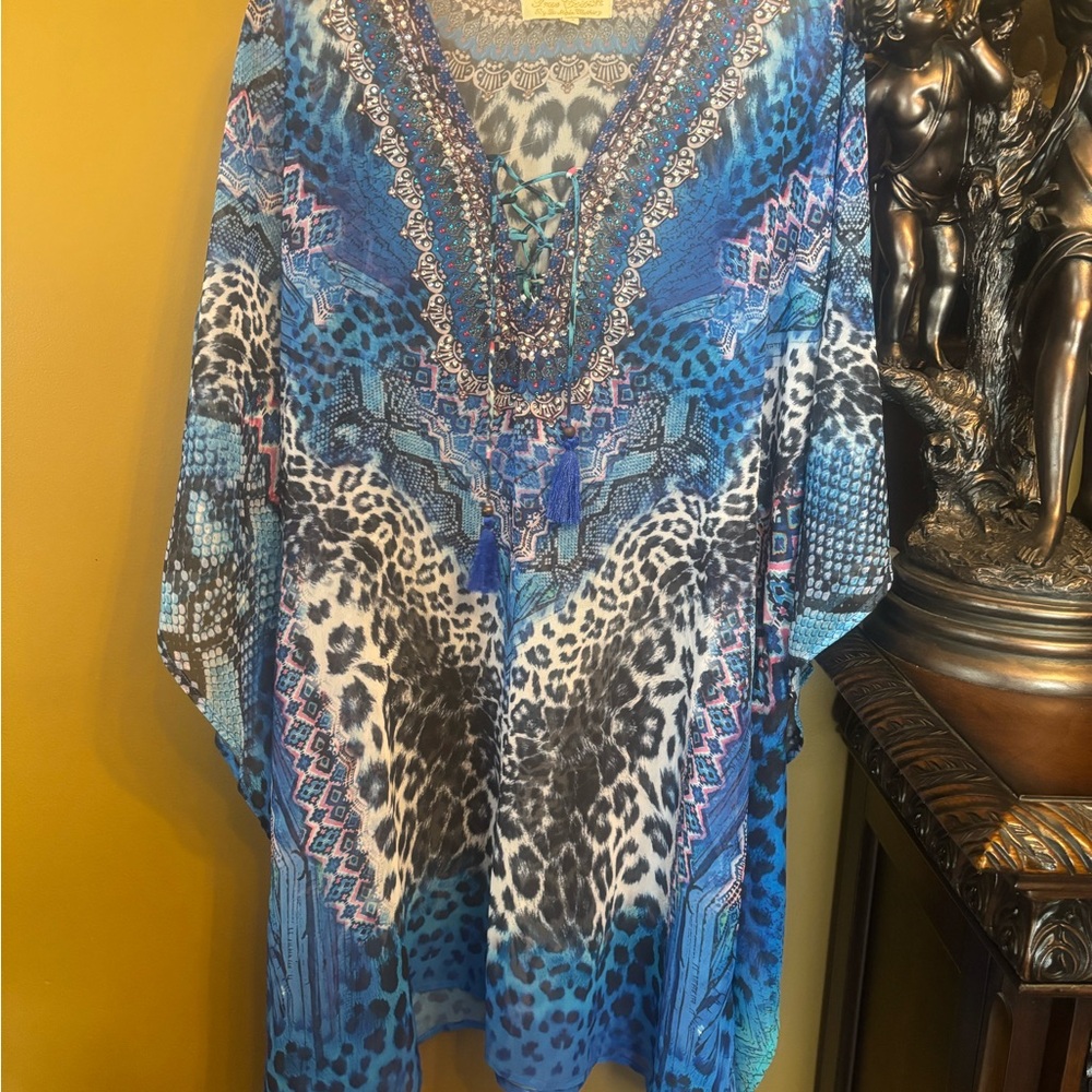 Blue Graphic Tunic with Flutter Sleeves